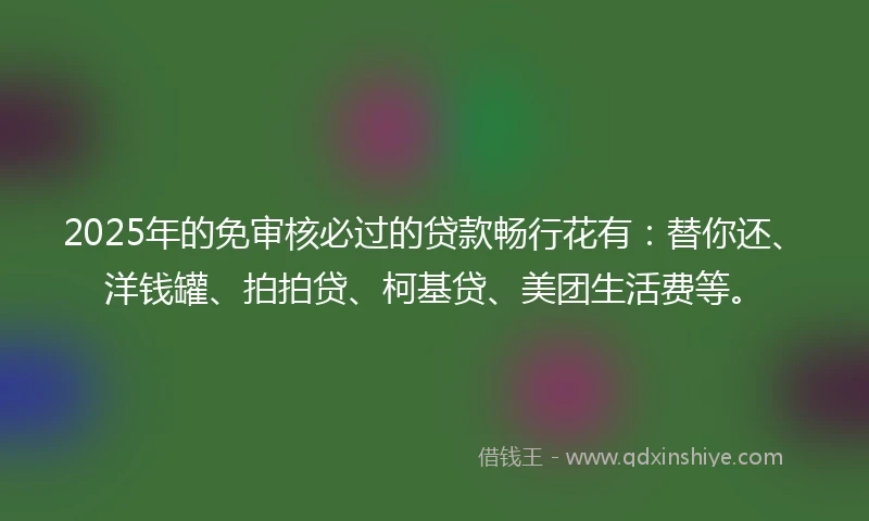 2025年的免审核必过的贷款畅行花有：替你还、洋钱罐、拍拍贷、柯基贷、美团生活费等。