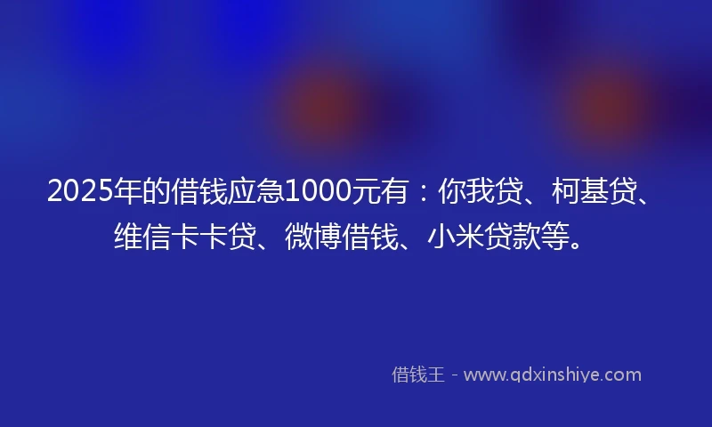 2025年的借钱应急1000元有：你我贷、柯基贷、维信卡卡贷、微博借钱、小米贷款等。