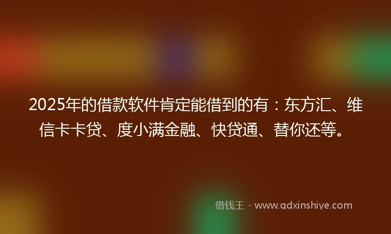 2025年的借款软件肯定能借到的有：东方汇、维信卡卡贷、度小满金融、快贷通、替你还等。