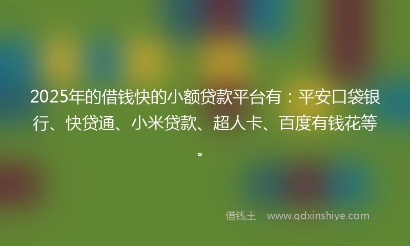 2025年的借钱快的小额贷款平台有：平安口袋银行、快贷通、小米贷款、超人卡、百度有钱花等。