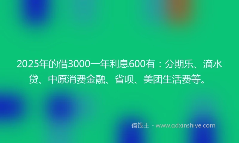 2025年的借3000一年利息600有：分期乐、滴水贷、中原消费金融、省呗、美团生活费等。