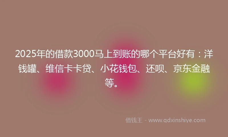 2025年的借款3000马上到账的哪个平台好有：洋钱罐、维信卡卡贷、小花钱包、还呗、京东金融等。