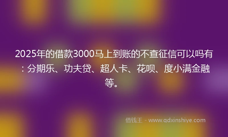 2025年的借款3000马上到账的不查征信可以吗有：分期乐、功夫贷、超人卡、花呗、度小满金融等。