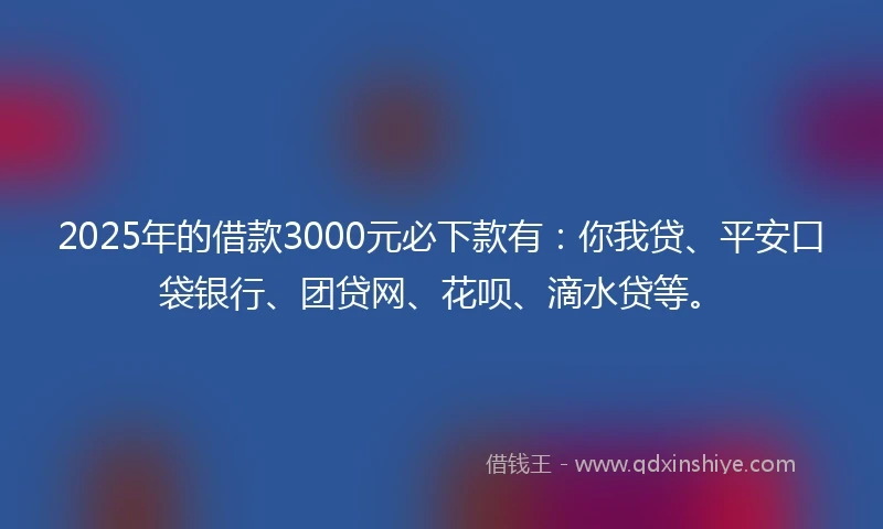 2025年的借款3000元必下款有：你我贷、平安口袋银行、团贷网、花呗、滴水贷等。