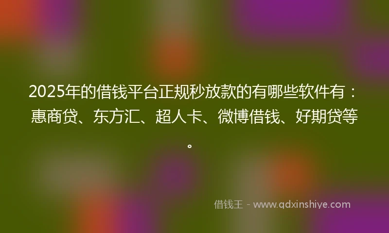 2025年的借钱平台正规秒放款的有哪些软件有：惠商贷、东方汇、超人卡、微博借钱、好期贷等。