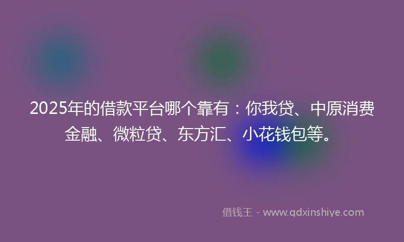 2025年的借款平台哪个靠有：你我贷、中原消费金融、微粒贷、东方汇、小花钱包等。