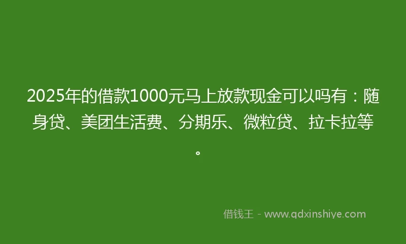 2025年的借款1000元马上放款现金可以吗有：随身贷、美团生活费、分期乐、微粒贷、拉卡拉等。