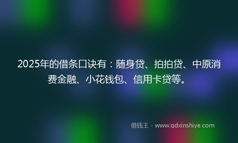 2025年的借条口诀有：随身贷、拍拍贷、中原消费金融、小花钱包、信用卡贷等。