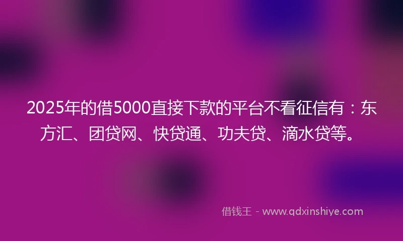 2025年的借5000直接下款的平台不看征信有：东方汇、团贷网、快贷通、功夫贷、滴水贷等。