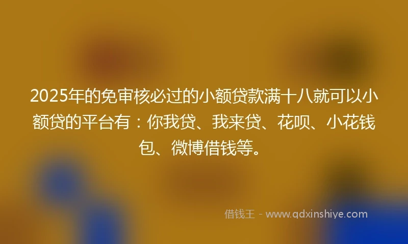 2025年的免审核必过的小额贷款满十八就可以小额贷的平台有：你我贷、我来贷、花呗、小花钱包、微博借钱等。
