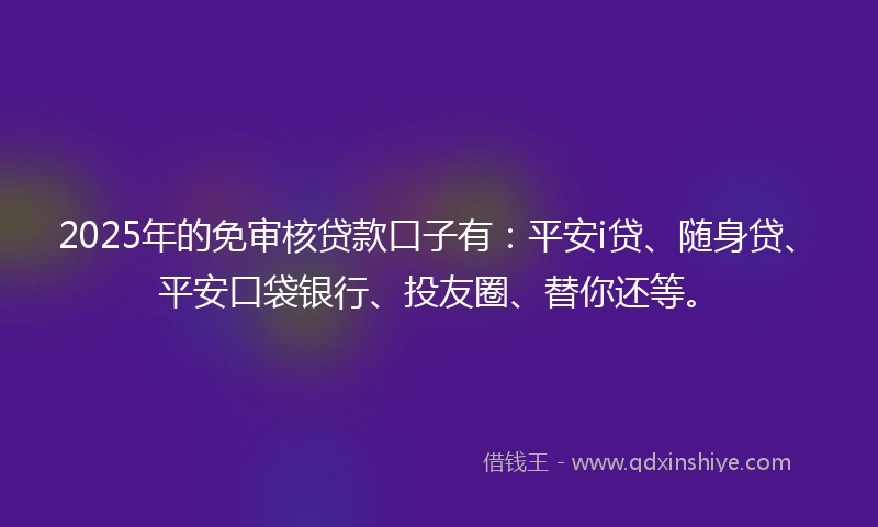 2025年的免审核贷款口子有：平安i贷、随身贷、平安口袋银行、投友圈、替你还等。
