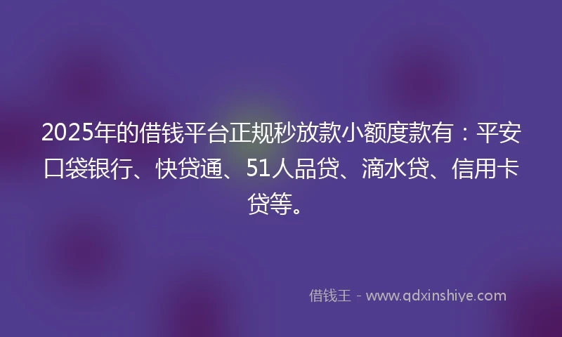2025年的借钱平台正规秒放款小额度款有：平安口袋银行、快贷通、51人品贷、滴水贷、信用卡贷等。