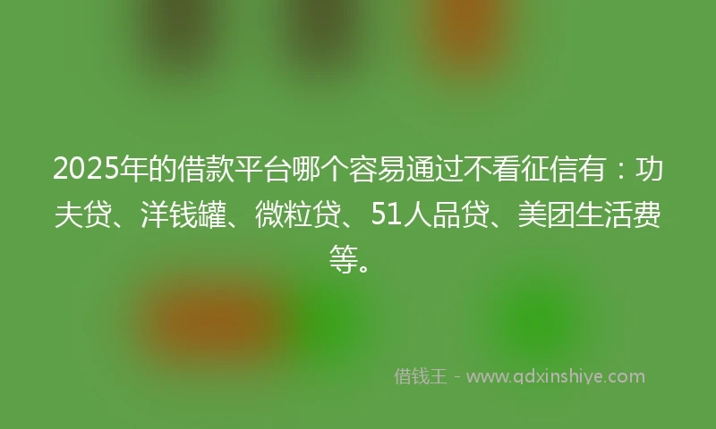 2025年的借款平台哪个容易通过不看征信有：功夫贷、洋钱罐、微粒贷、51人品贷、美团生活费等。