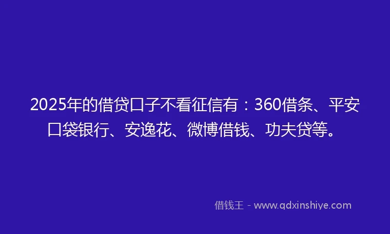 2025年的借贷口子不看征信有：360借条、平安口袋银行、安逸花、微博借钱、功夫贷等。