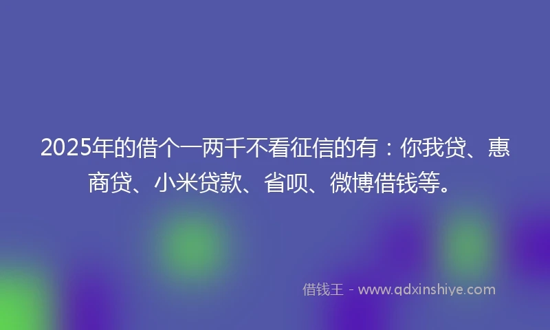 2025年的借个一两千不看征信的有：你我贷、惠商贷、小米贷款、省呗、微博借钱等。