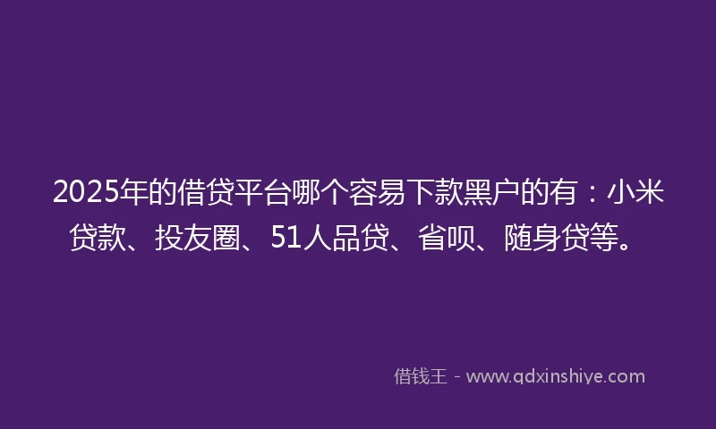 2025年的借贷平台哪个容易下款黑户的有：小米贷款、投友圈、51人品贷、省呗、随身贷等。