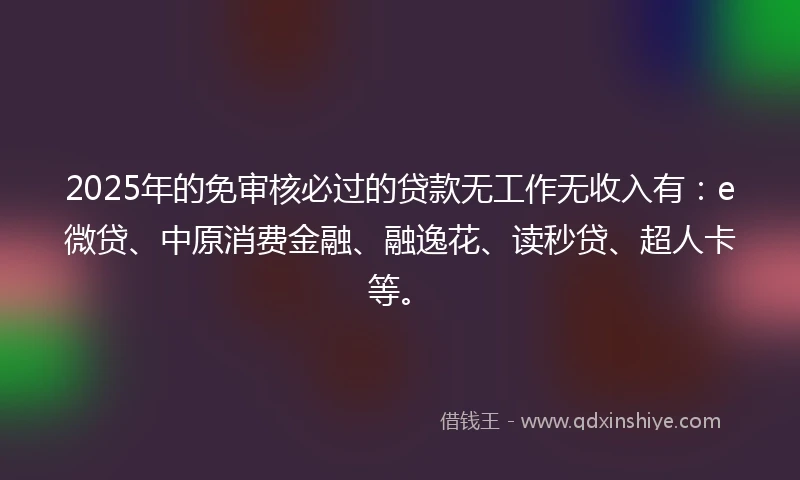 2025年的免审核必过的贷款无工作无收入有：e微贷、中原消费金融、融逸花、读秒贷、超人卡等。