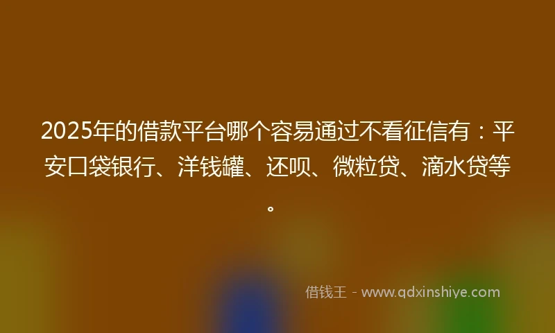 2025年的借款平台哪个容易通过不看征信有：平安口袋银行、洋钱罐、还呗、微粒贷、滴水贷等。