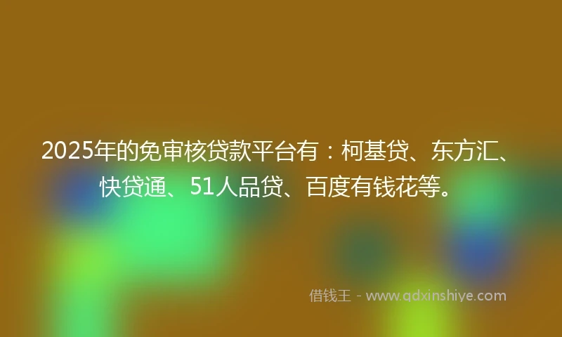 2025年的免审核贷款平台有：柯基贷、东方汇、快贷通、51人品贷、百度有钱花等。
