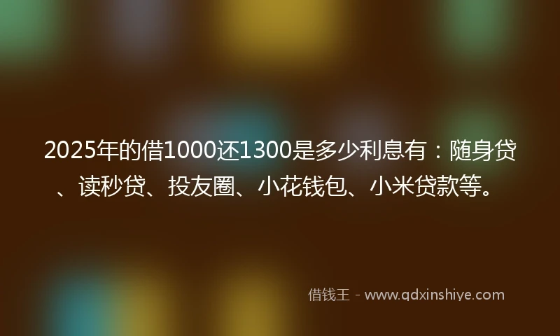 2025年的借1000还1300是多少利息有：随身贷、读秒贷、投友圈、小花钱包、小米贷款等。