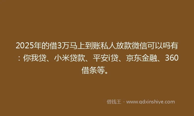 2025年的借3万马上到账私人放款微信可以吗有：你我贷、小米贷款、平安i贷、京东金融、360借条等。