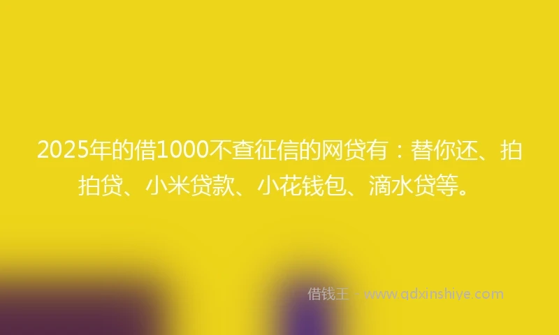 2025年的借1000不查征信的网贷有：替你还、拍拍贷、小米贷款、小花钱包、滴水贷等。