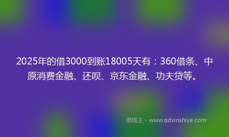 2025年的借3000到账18005天有：360借条、中原消费金融、还呗、京东金融、功夫贷等。