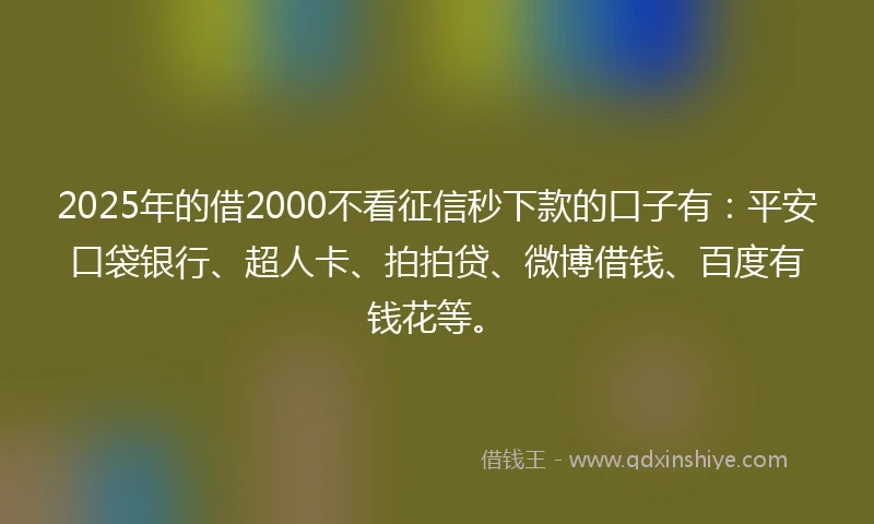 2025年的借2000不看征信秒下款的口子有：平安口袋银行、超人卡、拍拍贷、微博借钱、百度有钱花等。