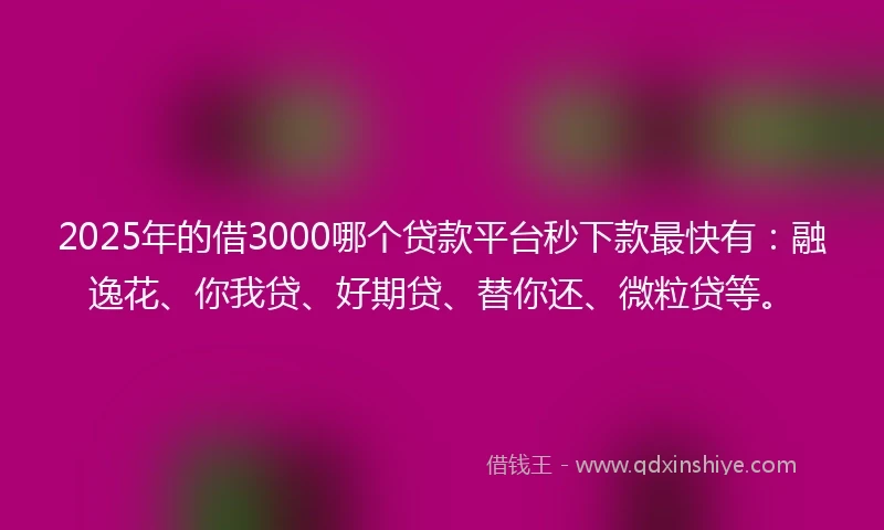 2025年的借3000哪个贷款平台秒下款最快有:融逸花、你我贷、好期贷、替你还、微粒贷等。