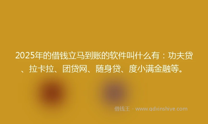 2025年的借钱立马到账的软件叫什么有：功夫贷、拉卡拉、团贷网、随身贷、度小满金融等。