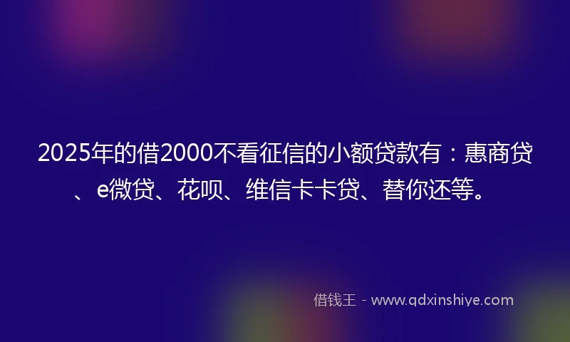 2025年的借2000不看征信的小额贷款有:惠商贷、e微贷、花呗、维信卡卡贷、替你还等。