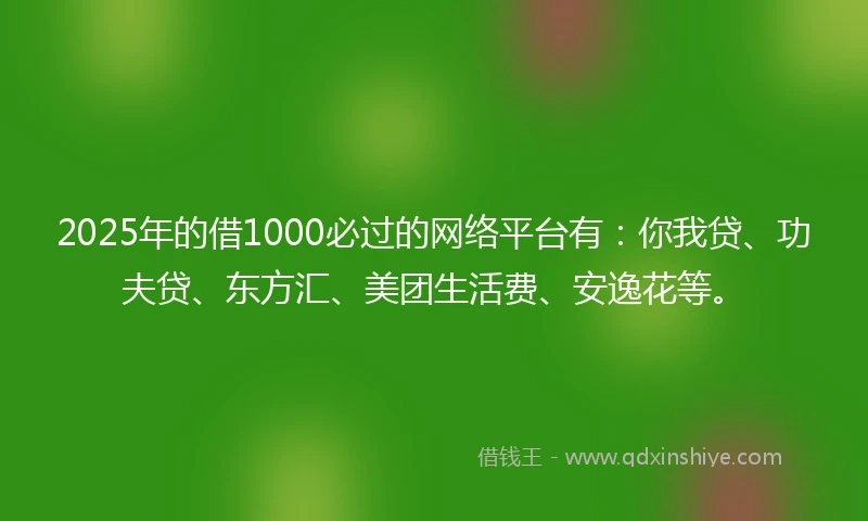 2025年的借1000必过的网络平台有：你我贷、功夫贷、东方汇、美团生活费、安逸花等。