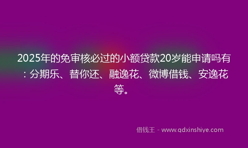 2025年的免审核必过的小额贷款20岁能申请吗有：分期乐、替你还、融逸花、微博借钱、安逸花等。