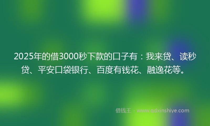 2025年的借3000秒下款的口子有：我来贷、读秒贷、平安口袋银行、百度有钱花、融逸花等。