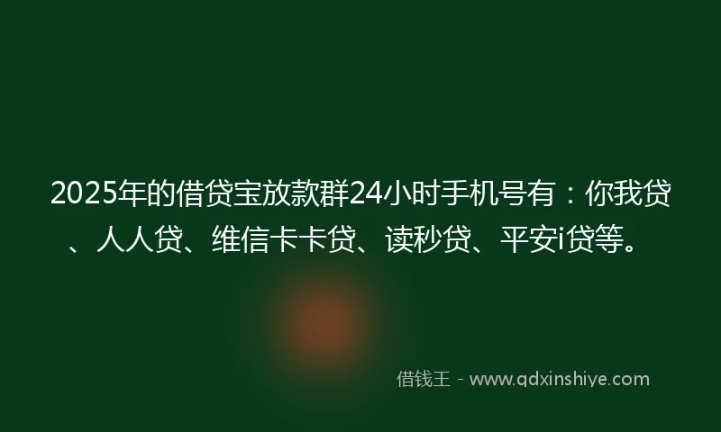 2025年的借贷宝放款群24小时手机号有：你我贷、人人贷、维信卡卡贷、读秒贷、平安i贷等。