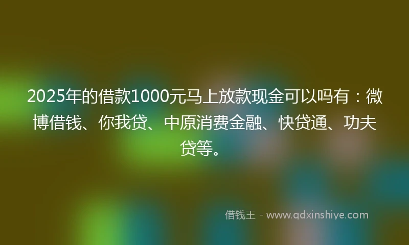 2025年的借款1000元马上放款现金可以吗有：微博借钱、你我贷、中原消费金融、快贷通、功夫贷等。