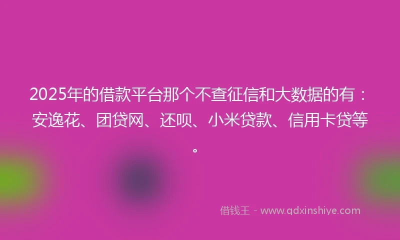 2025年的借款平台那个不查征信和大数据的有：安逸花、团贷网、还呗、小米贷款、信用卡贷等。