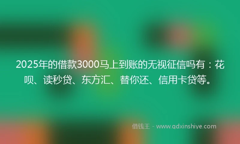 2025年的借款3000马上到账的无视征信吗有:花呗、读秒贷、东方汇、替你还、信用卡贷等。