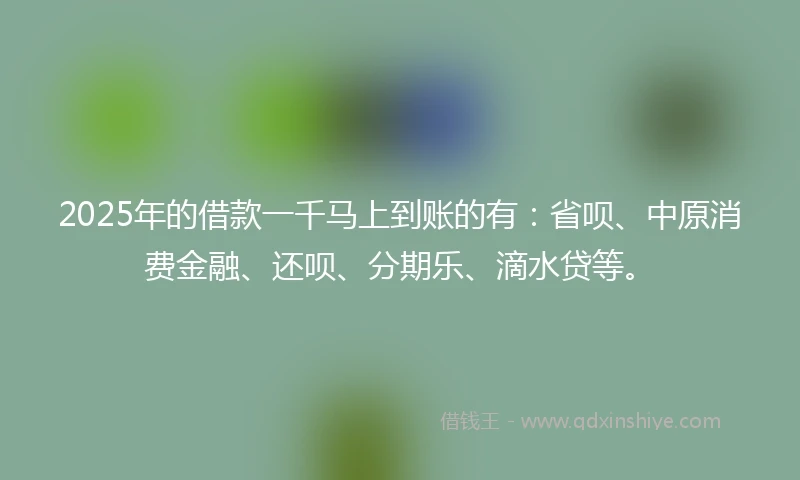 2025年的借款一千马上到账的有：省呗、中原消费金融、还呗、分期乐、滴水贷等。