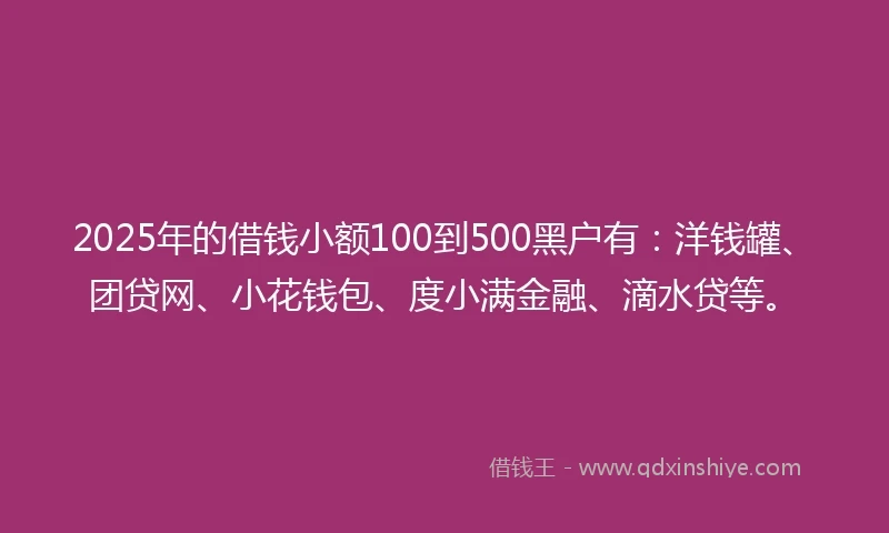 2025年的借钱小额100到500黑户有：洋钱罐、团贷网、小花钱包、度小满金融、滴水贷等。