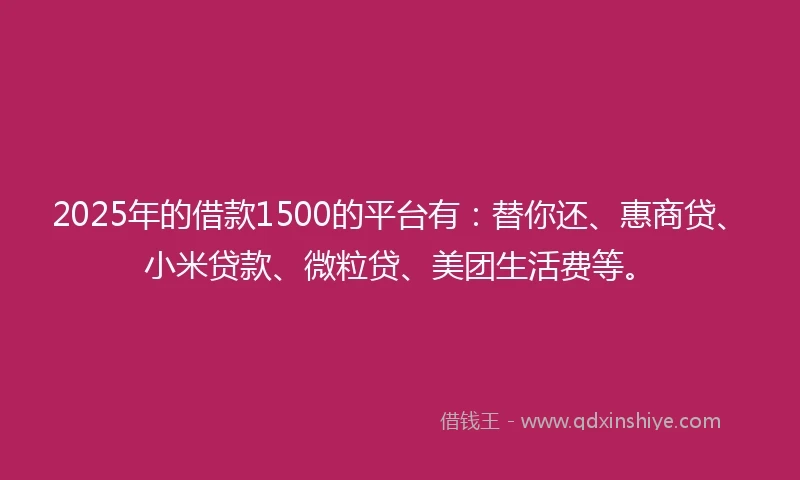 2025年的借款1500的平台有：替你还、惠商贷、小米贷款、微粒贷、美团生活费等。