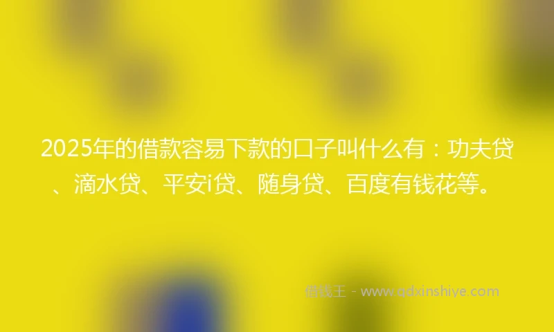 2025年的借款容易下款的口子叫什么有：功夫贷、滴水贷、平安i贷、随身贷、百度有钱花等。