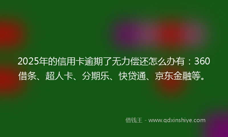 2025年的信用卡逾期了无力偿还怎么办有：360借条、超人卡、分期乐、快贷通、京东金融等。
