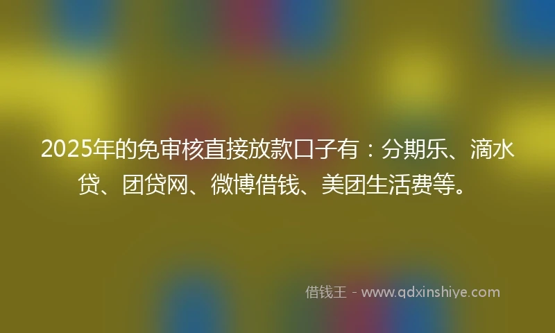 2025年的免审核直接放款口子有：分期乐、滴水贷、团贷网、微博借钱、美团生活费等。