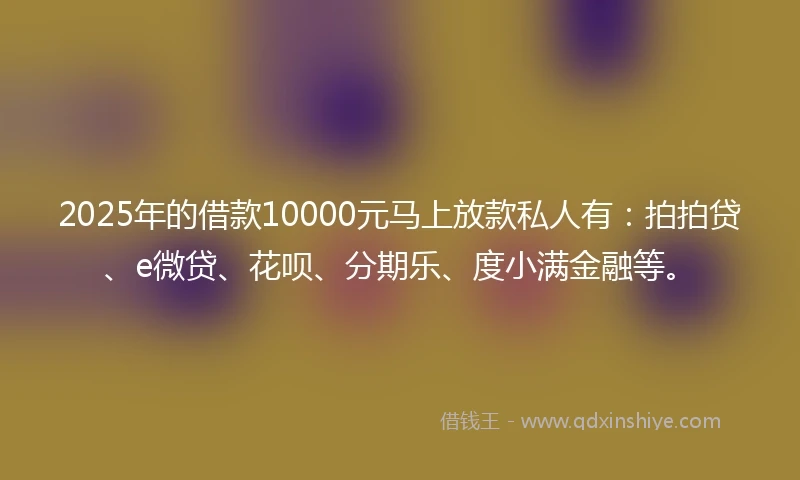 2025年的借款10000元马上放款私人有：拍拍贷、e微贷、花呗、分期乐、度小满金融等。