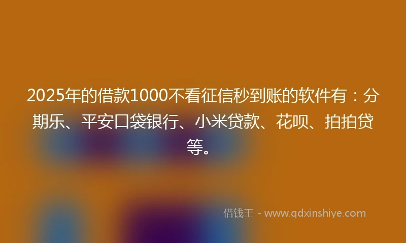 2025年的借款1000不看征信秒到账的软件有：分期乐、平安口袋银行、小米贷款、花呗、拍拍贷等。