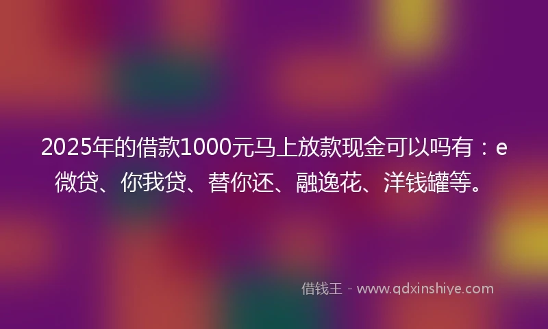 2025年的借款1000元马上放款现金可以吗有：e微贷、你我贷、替你还、融逸花、洋钱罐等。