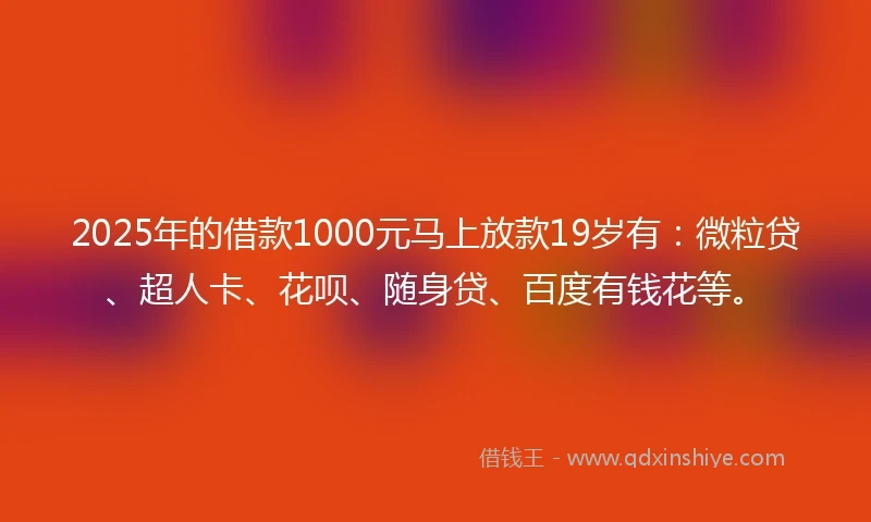 2025年的借款1000元马上放款19岁有：微粒贷、超人卡、花呗、随身贷、百度有钱花等。