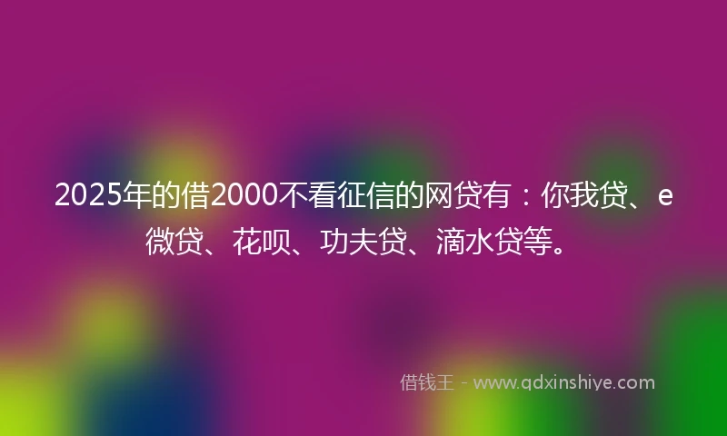 2025年的借2000不看征信的网贷有：你我贷、e微贷、花呗、功夫贷、滴水贷等。