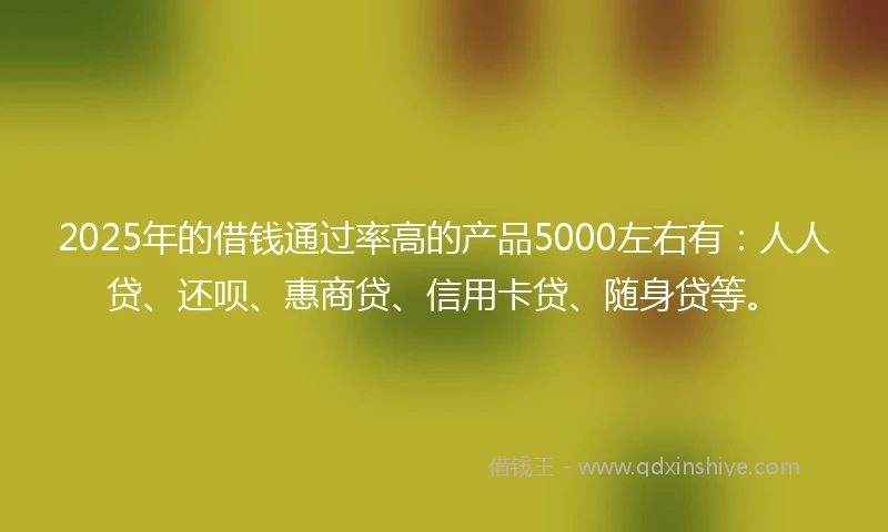 2025年的借钱通过率高的产品5000左右有：人人贷、还呗、惠商贷、信用卡贷、随身贷等。